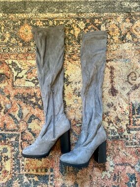 Over-the-Knee Gray Suede Block Heel Boots